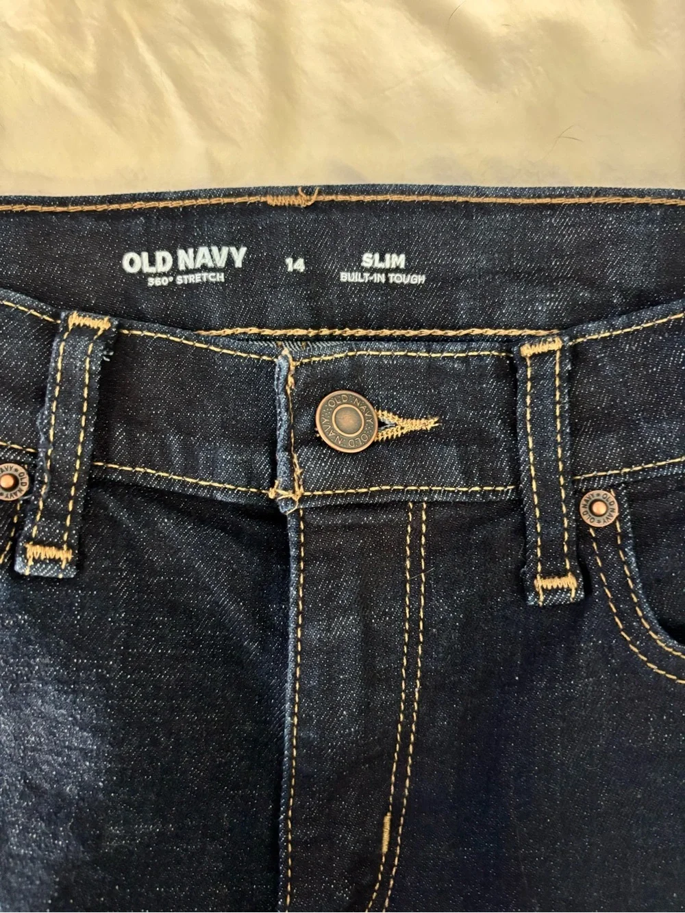 Old Navy Boys Slim Jeans Size 14 Dark Wash 360° Stretch Built-In Tough Denim